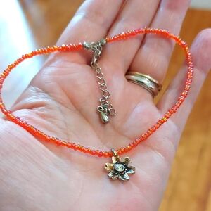 Ankle Bracelet Seed Bead Crystal Flower Orange Pink